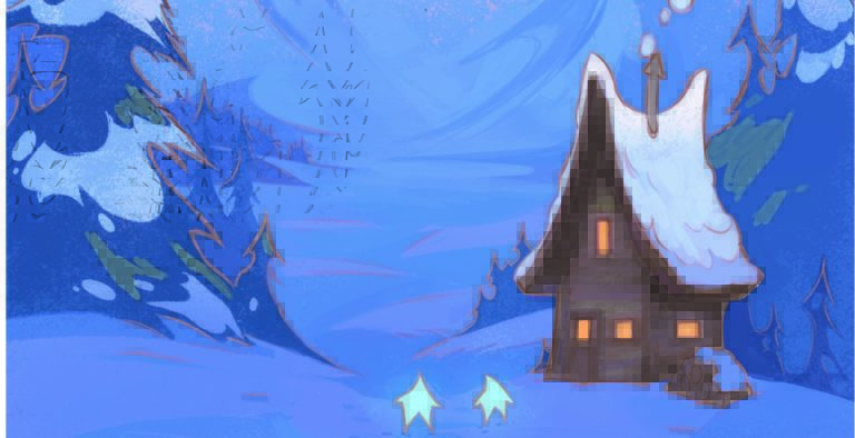 animated house in a snowy forest 